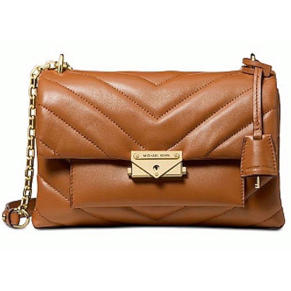 NWT Michael Kors Cece Chevron-Quilted Leather Crossbody Acorn/Gold Original Pack